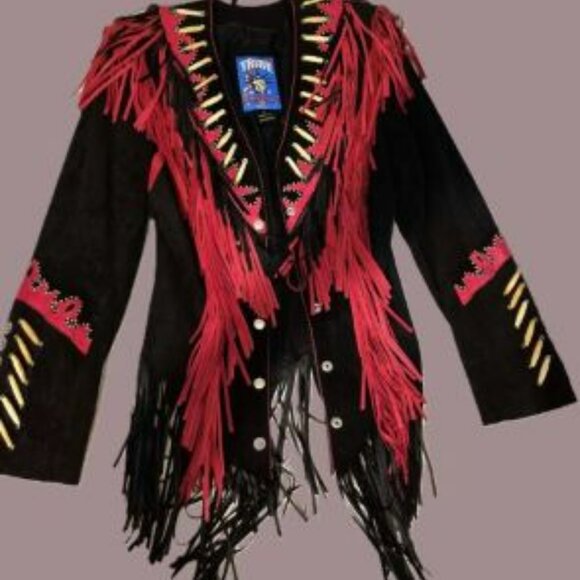 TRIBE AMERICA LEATHER NATIVE AMERICAN FRINGED/BEADED/CONCHOS.  BLACK/RED.  USA. - Picture 1 of 10